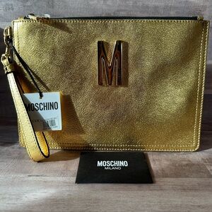 SOLD AUTHENTIC Moschino M Logo Gold Leather Clutch w/Wrist Strap